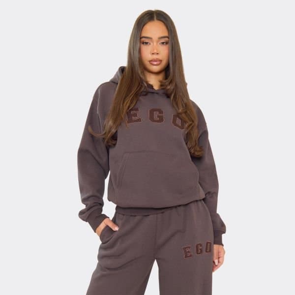 EGO Oversized Ego Graphic Hoodie In Chocolate Brown, Women's Size UK 6