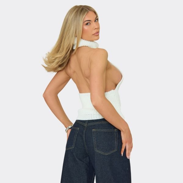 EGO Roll Halter Neck Top In Cream Knit, Women's Size UK Large L - 2