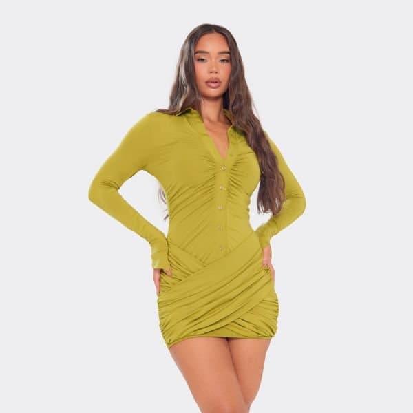 EGO Long Sleeve Collared Button Front Crossover Wrap Panel Mini Dress In Green, Women's Size UK Large L
