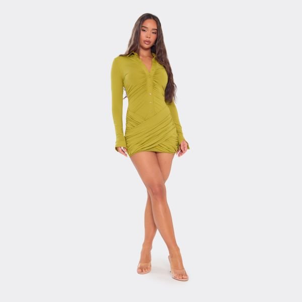 EGO Long Sleeve Collared Button Front Crossover Wrap Panel Mini Dress In Green, Women's Size UK Large L - 2