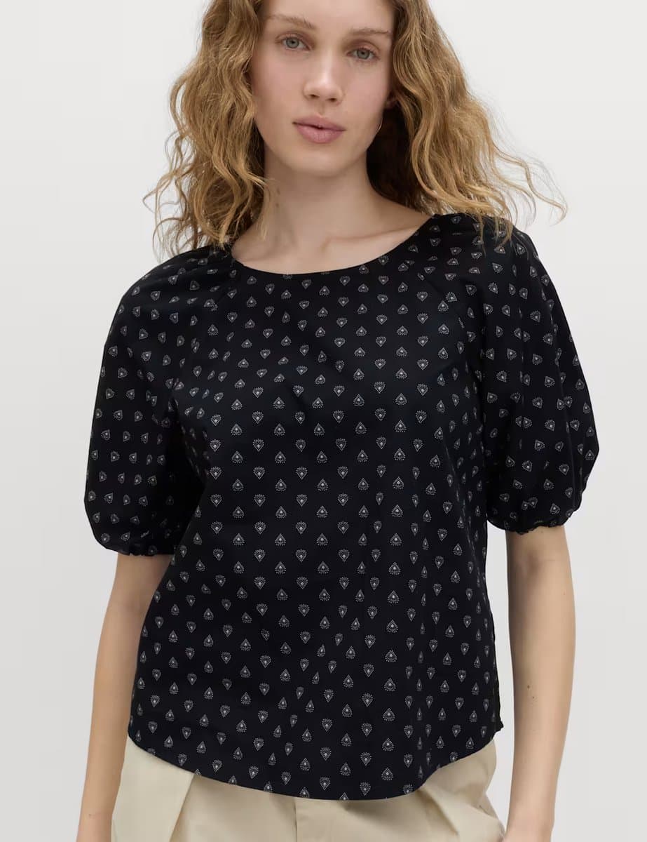 Marks & Spencer M&S Pure Cotton Printed Puff Sleeve Blouse Black Mix