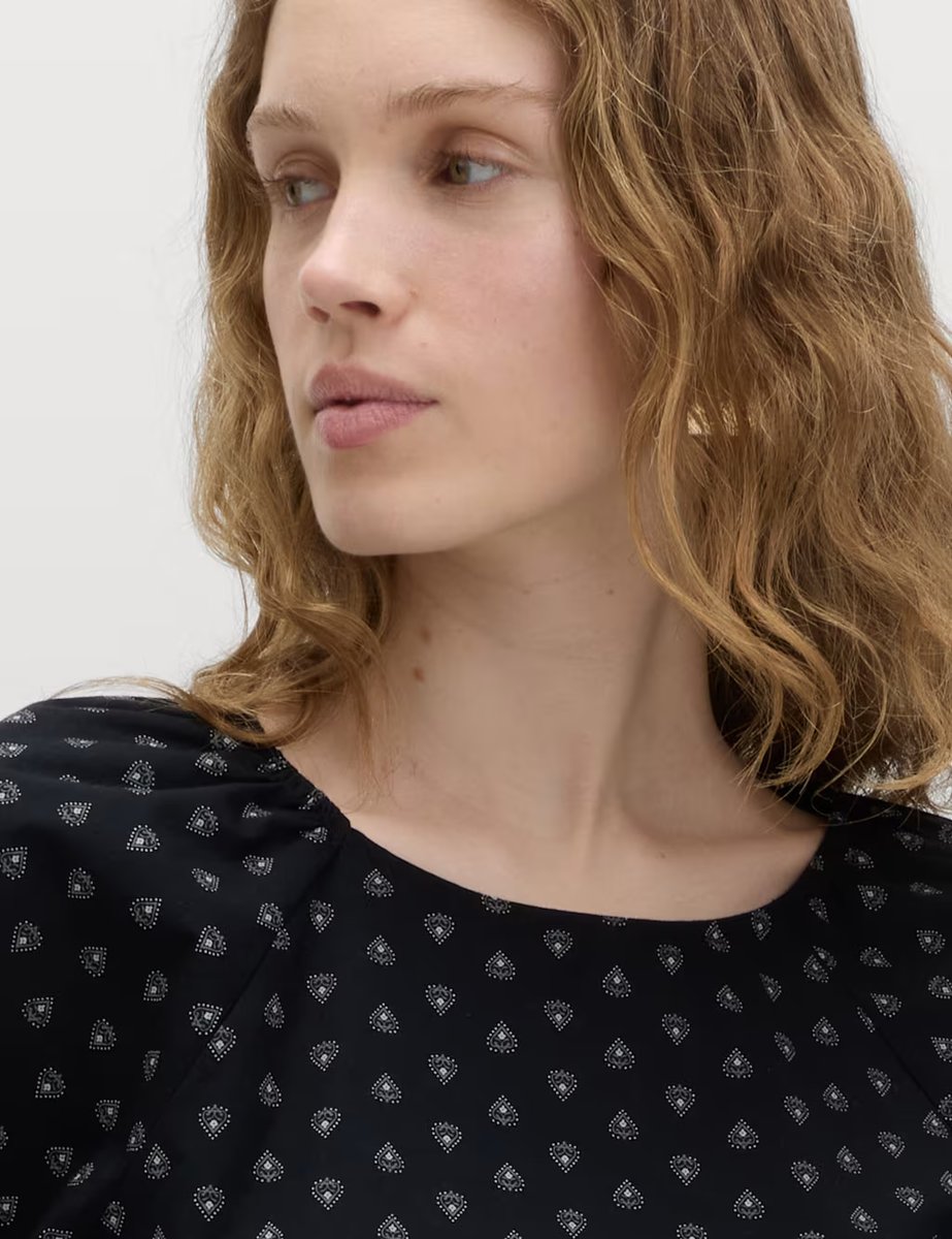 Marks & Spencer M&S Pure Cotton Printed Puff Sleeve Blouse Black Mix - 3