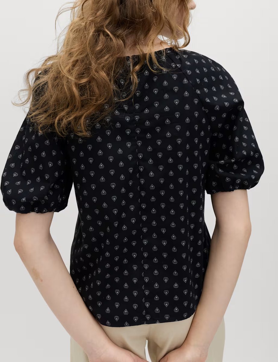 Marks & Spencer M&S Pure Cotton Printed Puff Sleeve Blouse Black Mix - 4