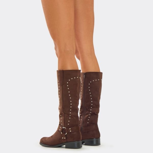 EGO Delayed Stud Ring Detail Knee High Long Boot In Brown Faux Suede, Women's Size UK 3 - 2