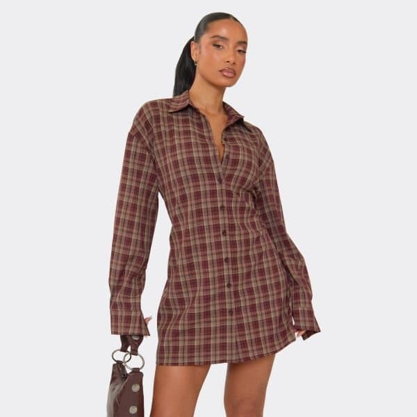 EGO Tie Cinched Waist Shirt Dress In Brown Check, Women's Size UK 6