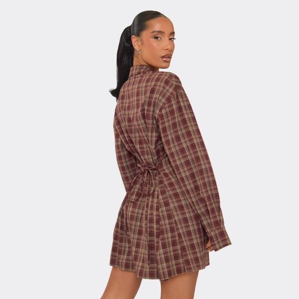 EGO Tie Cinched Waist Shirt Dress In Brown Check, Women's Size UK 6 - 2