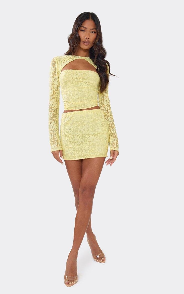 EGO Mid Rise Mini Skirt In Lemon Lace, Women's Size UK 6 - 2