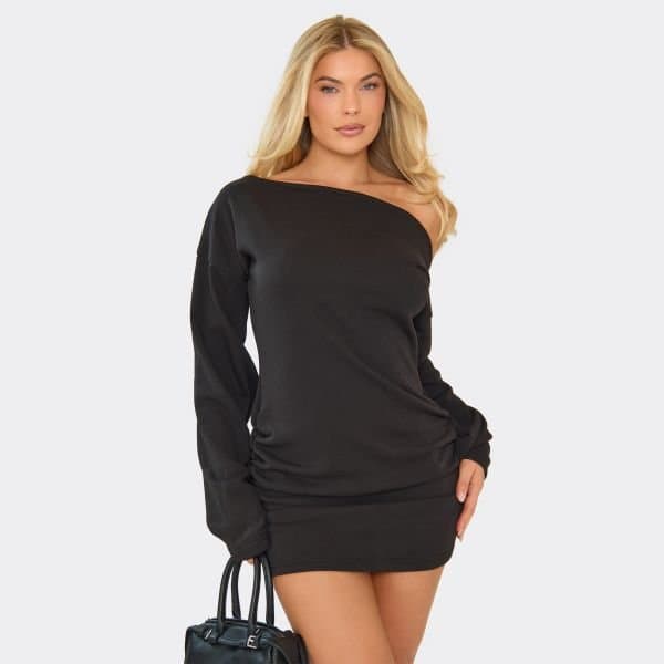 EGO Off The Shoulder Cinched Sweater Dress In Black, Women's Size UK 6