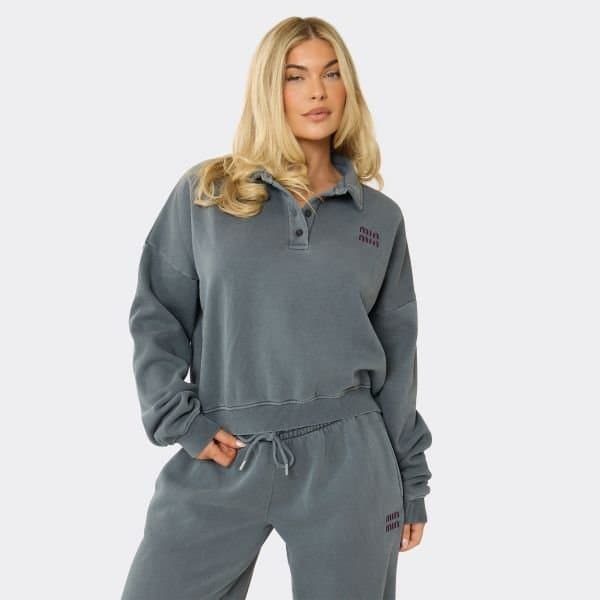 EGO MIN MIN EMBROIDERED GRAPHIC POLO SWEATSHIRT IN GREY, Women's Size UK 6