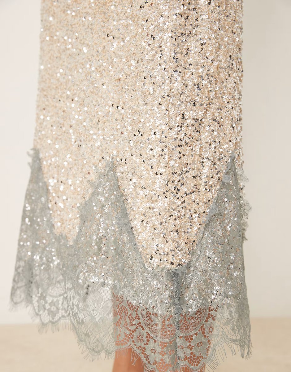 ASOS Never Fully Dressed Maeva midaxi skirt in silver sequin with lace trim - 2