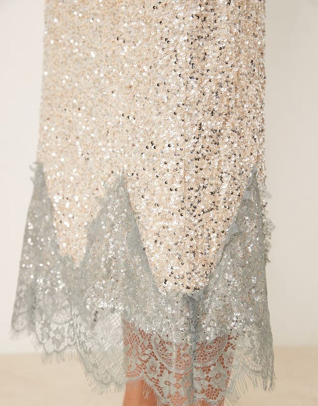 ASOS Never Fully Dressed Maeva midaxi skirt in silver sequin with lace trim - 2