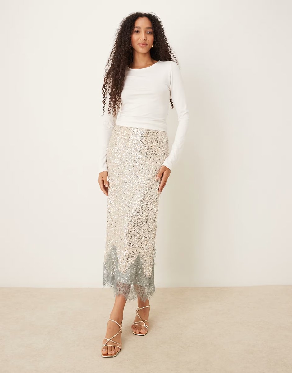 ASOS Never Fully Dressed Maeva midaxi skirt in silver sequin with lace trim - 3