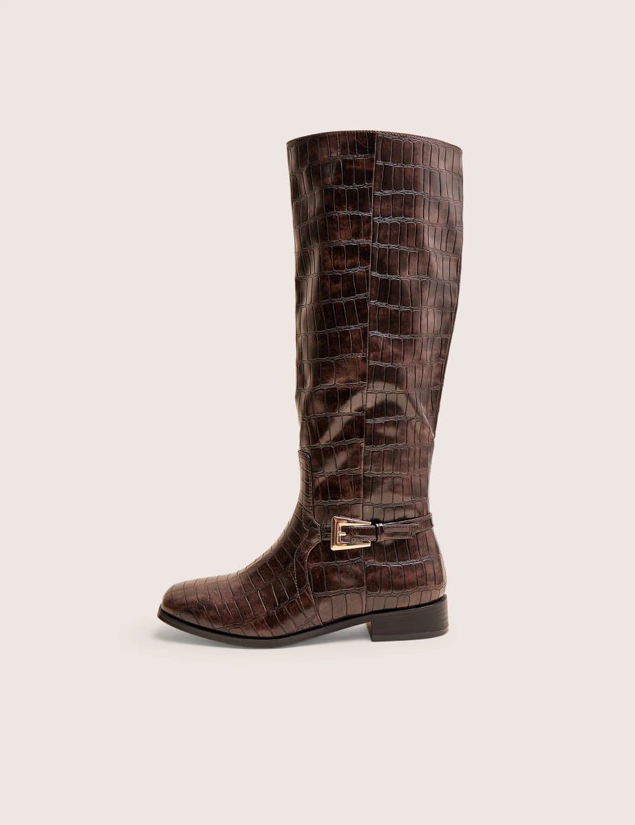 Public Desire Mackie Brown Croc Buckle Detail Knee High Riding Boot