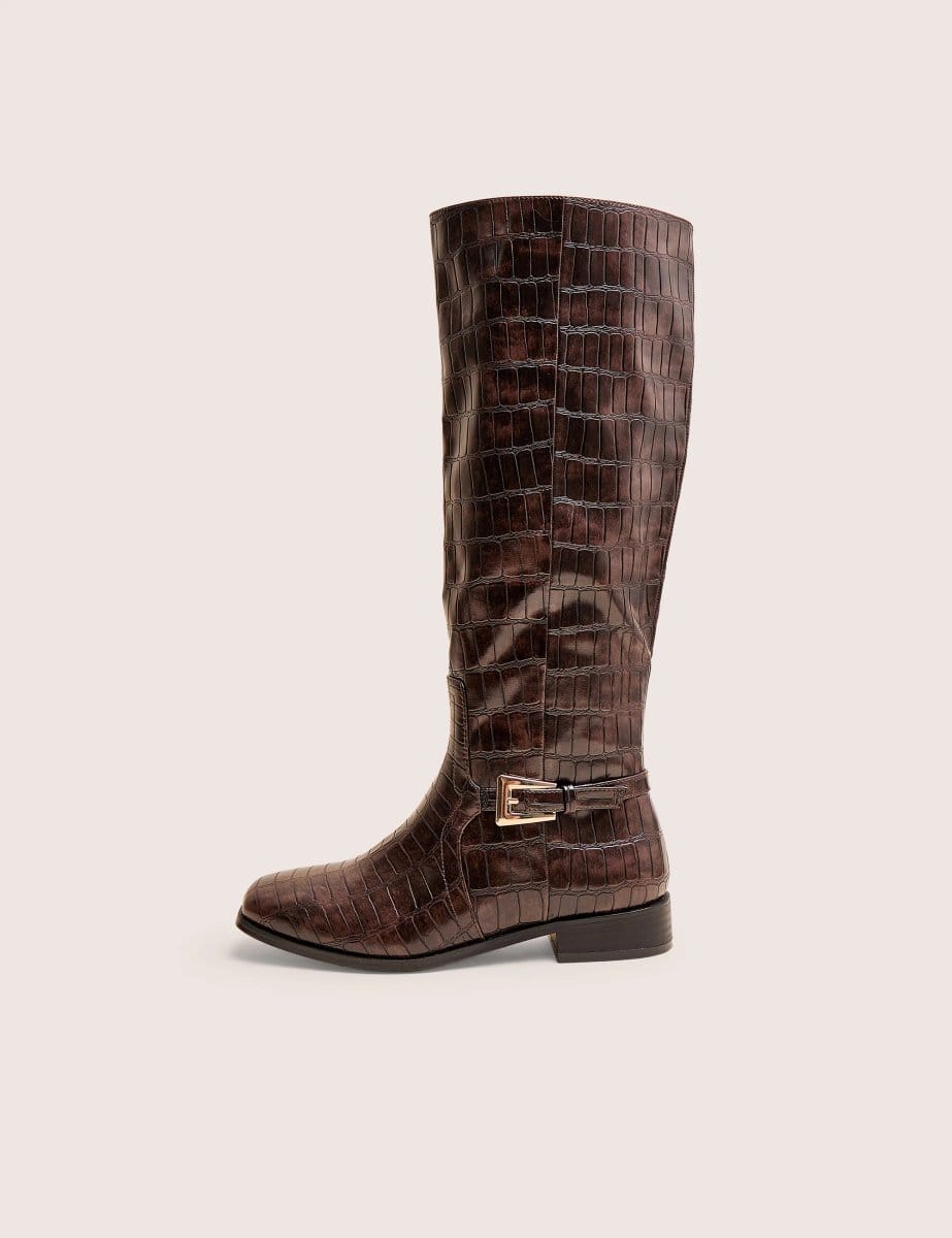 Public Desire Mackie Brown Croc Buckle Detail Knee High Riding Boot - 1