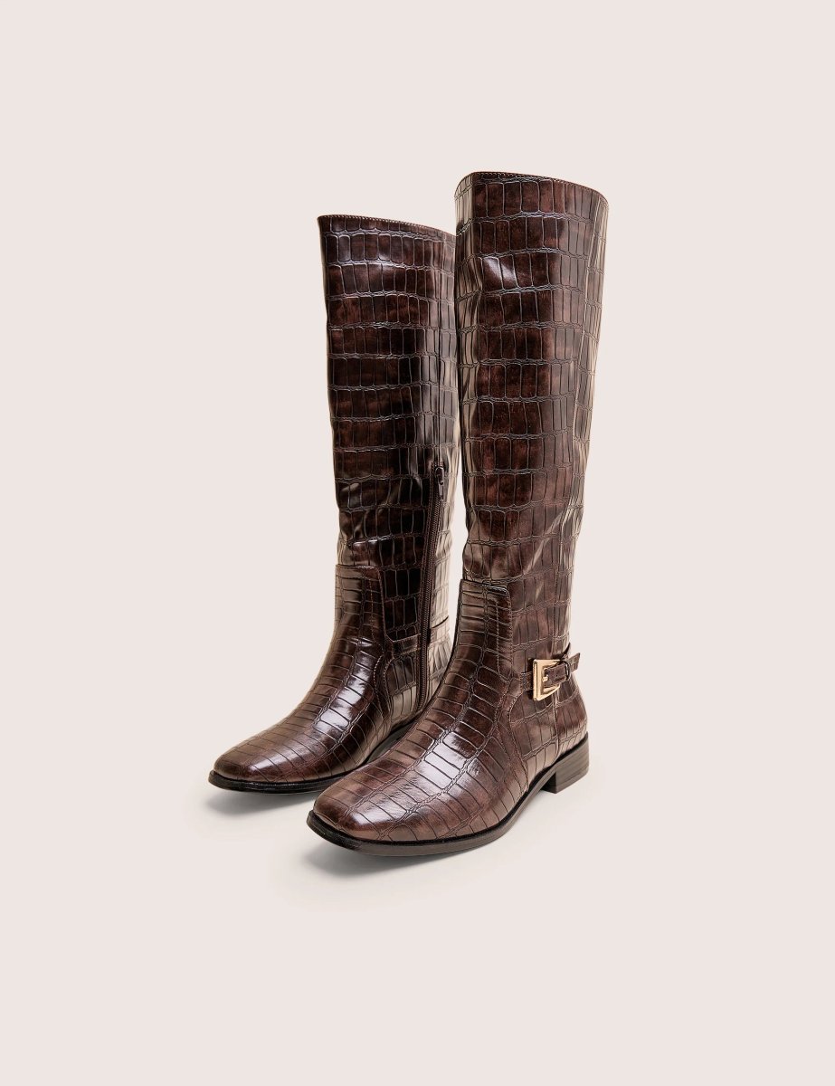 Public Desire Mackie Brown Croc Buckle Detail Knee High Riding Boot - 4