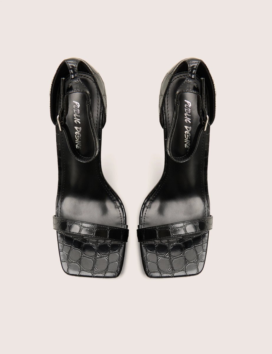 Public Desire Chaos Black Croc Square Toe Strappy Barely There Stiletto Heels - 4