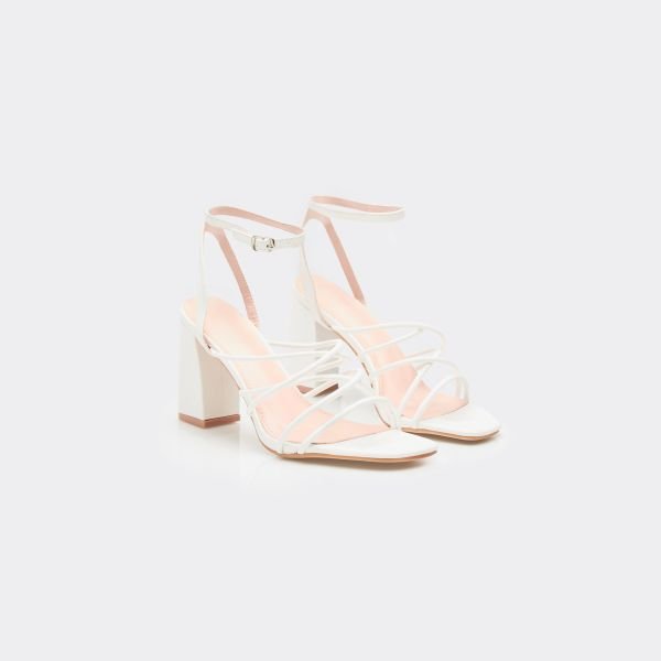 EGO Ember Strappy Detail Block Heel In White Faux Leather, Women's Size UK 3 - 2