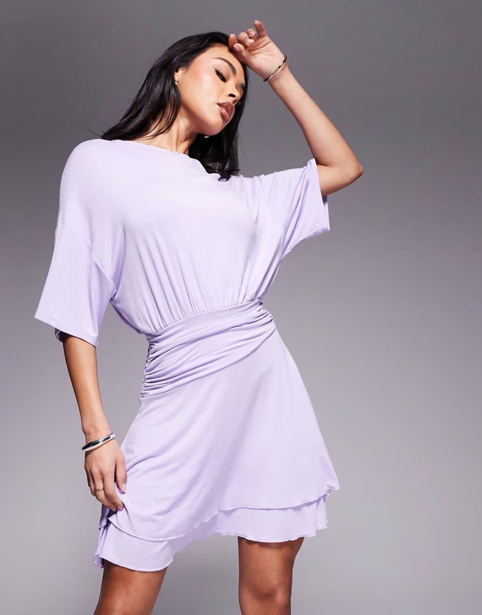 ASOS ASOS DESIGN cinched waist T-shirt mini dress with ruffle hem in lilac