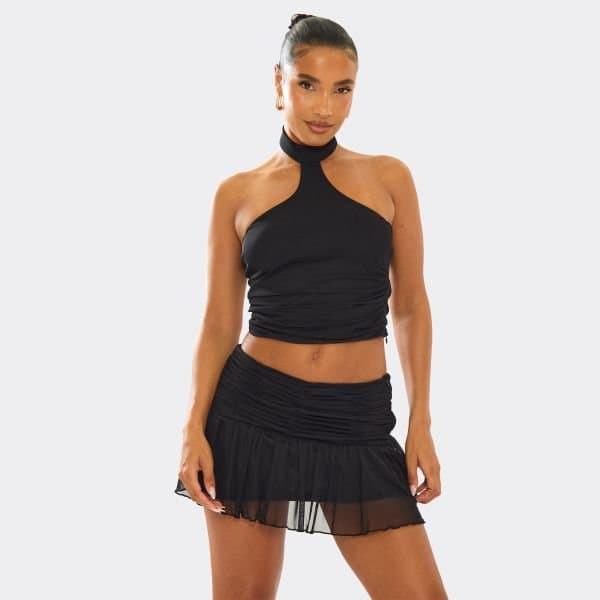 EGO EGO Choker Neck Ruched Crop Top in Black Mesh