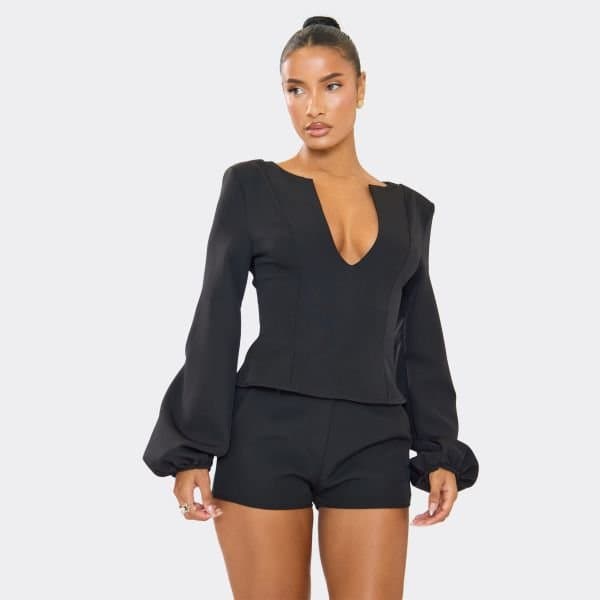 EGO EGO Chic V Neck Top with Balloon Sleeves in Black Woven