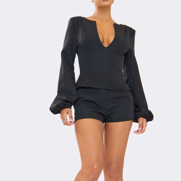 EGO Balloon Sleeve V Neck Top In Black Woven, Women's Size UK 6 - 2