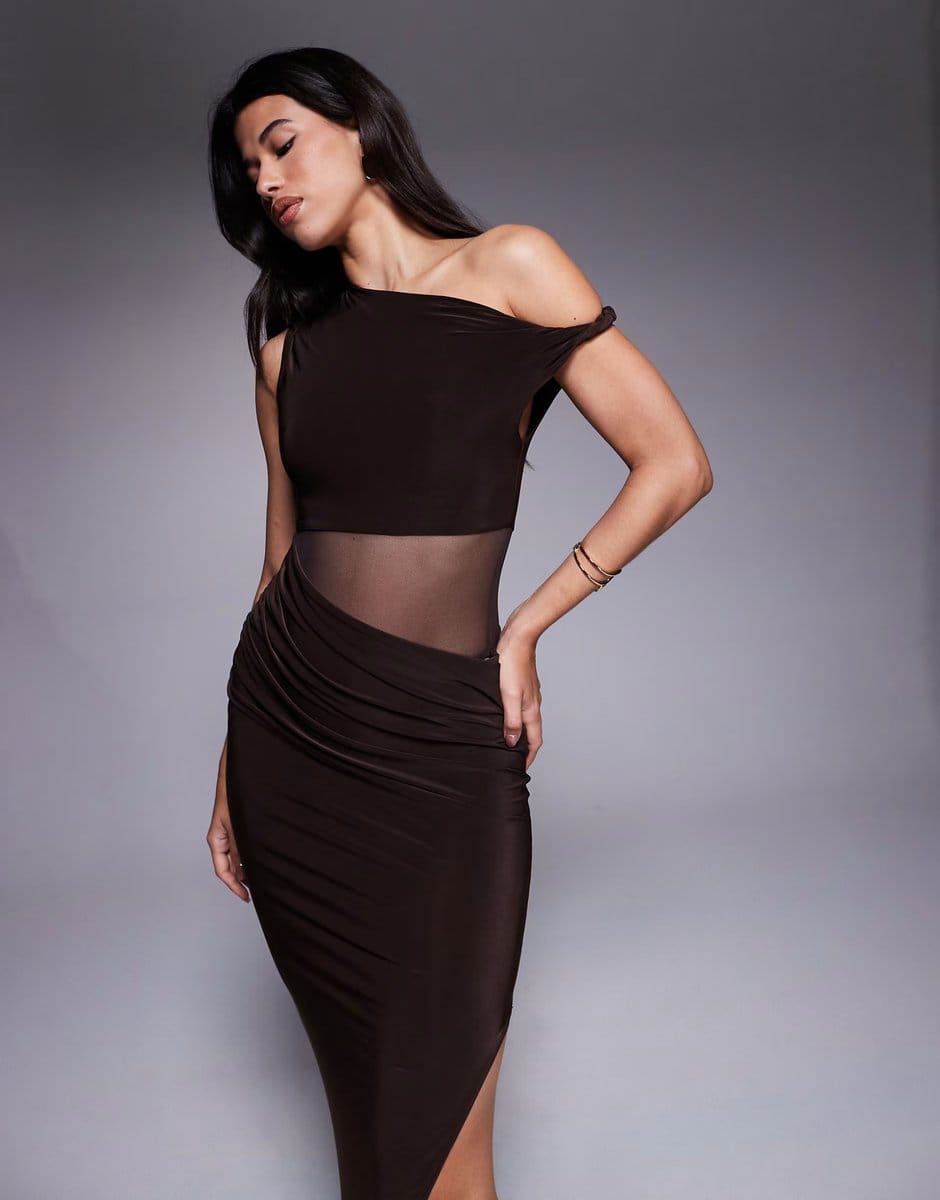 ASOS ASOS DESIGN off shoulder maxi dress with mesh insert in brown - 1