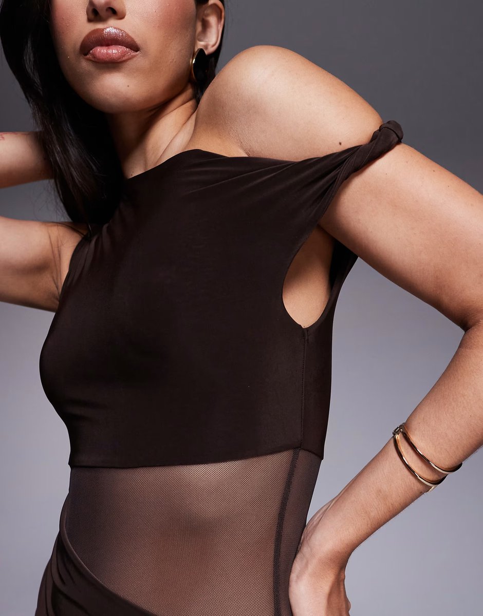 ASOS ASOS DESIGN off shoulder maxi dress with mesh insert in brown - 3