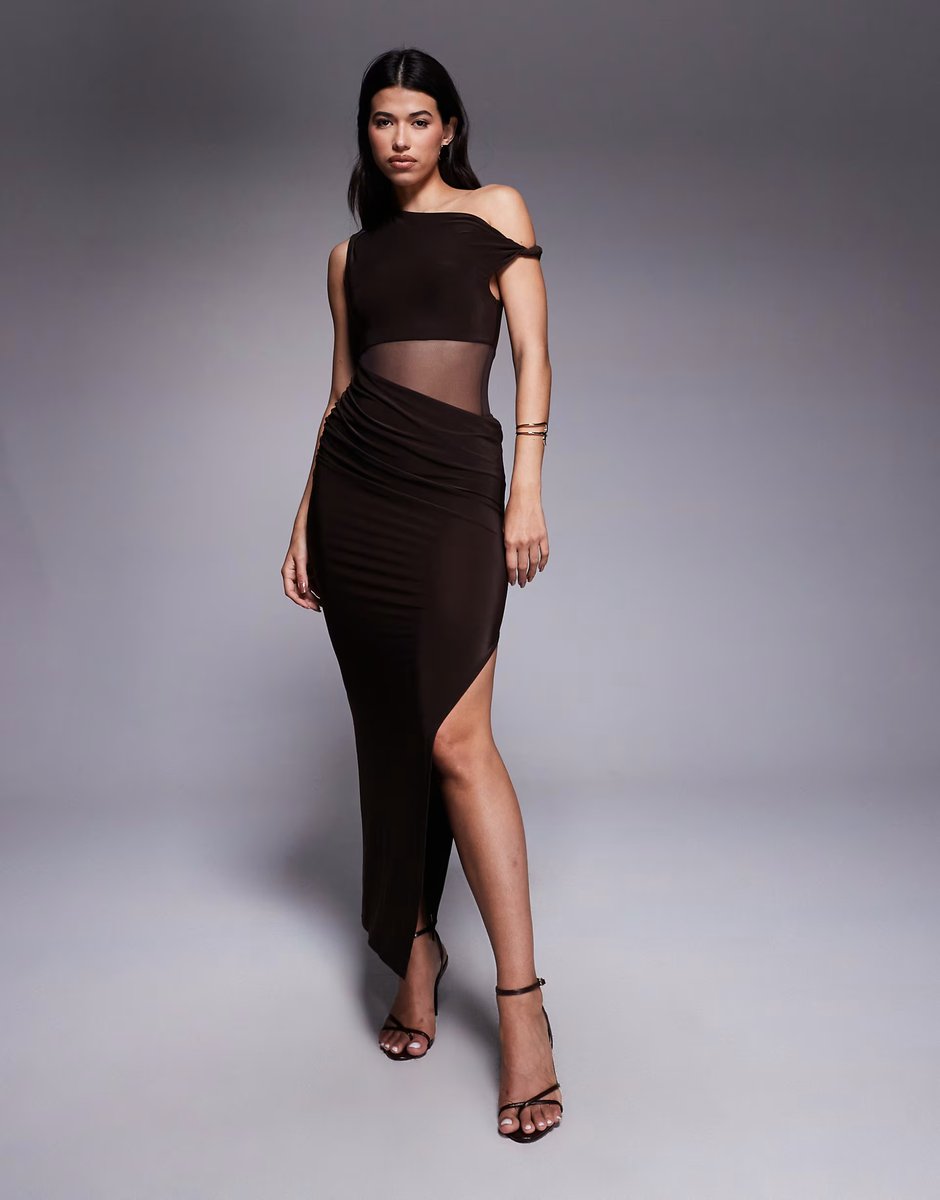 ASOS ASOS DESIGN off shoulder maxi dress with mesh insert in brown - 4