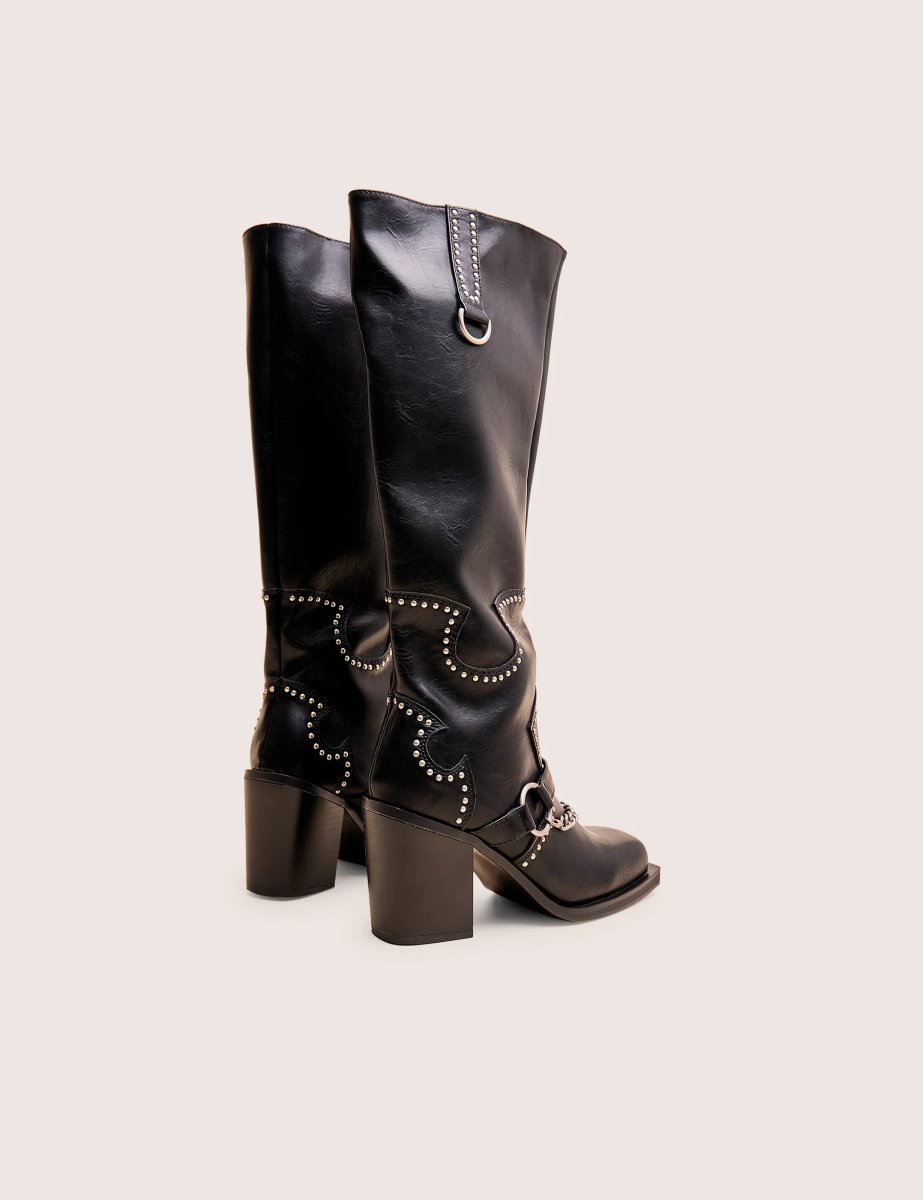 Public Desire Nashville Black Western Studded Block Heel Knee High Boot - 3