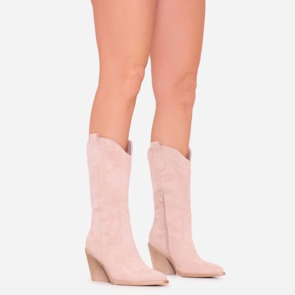 EGO Roxer Embroidered Detail Pointed Toe Mid Calf Western Cowboy Boot In Nude Faux Suede, Women's Size UK 6 - 1