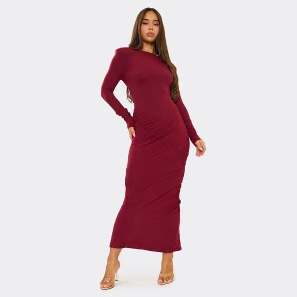EGO Long Sleeve Shoulder Pad Ruched Detail Maxi Dress In Burgundy, Women's Size UK Medium M