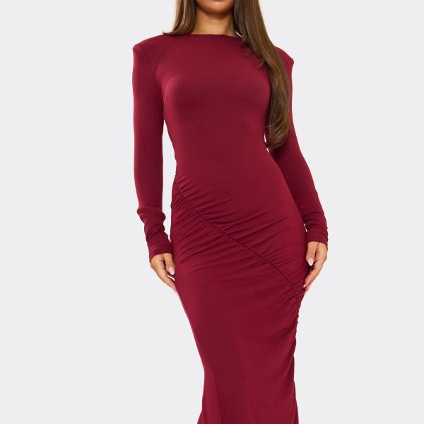 EGO Long Sleeve Shoulder Pad Ruched Detail Maxi Dress In Burgundy, Women's Size UK Medium M - 2