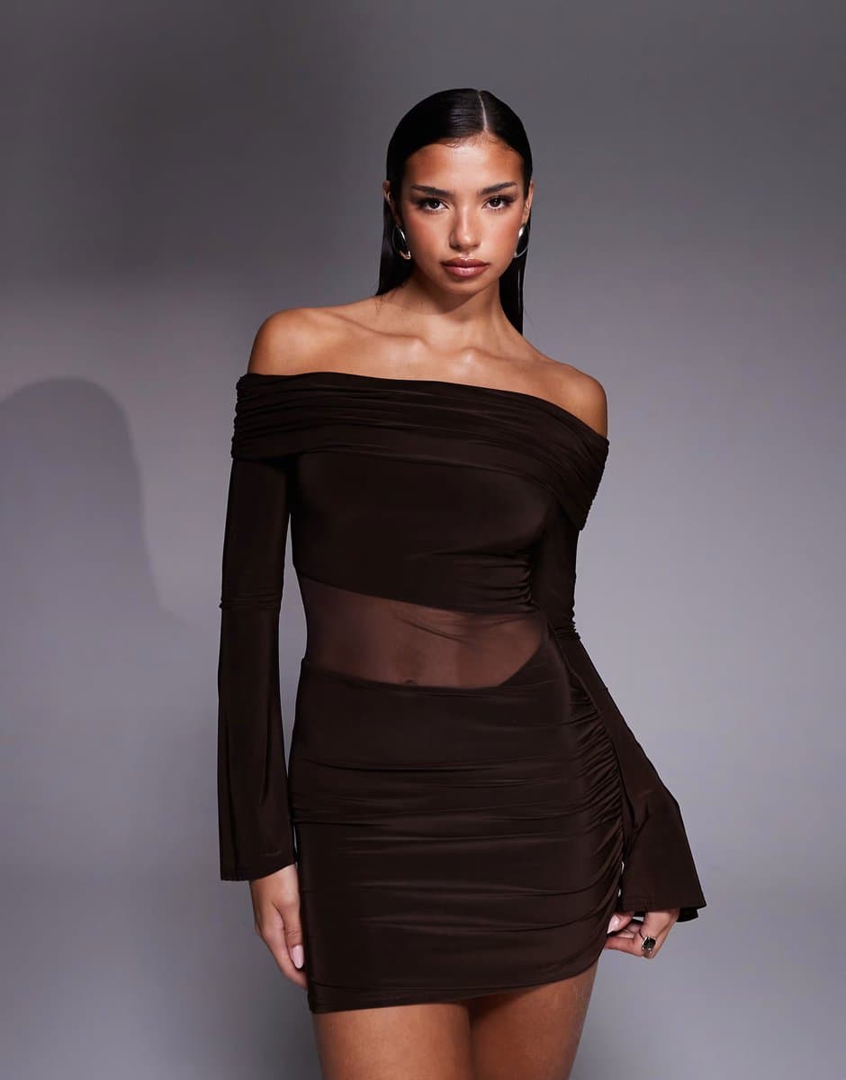 ASOS Kaiia exclusive slinky bardot flare sleeve mesh insert mini dress in chocolate