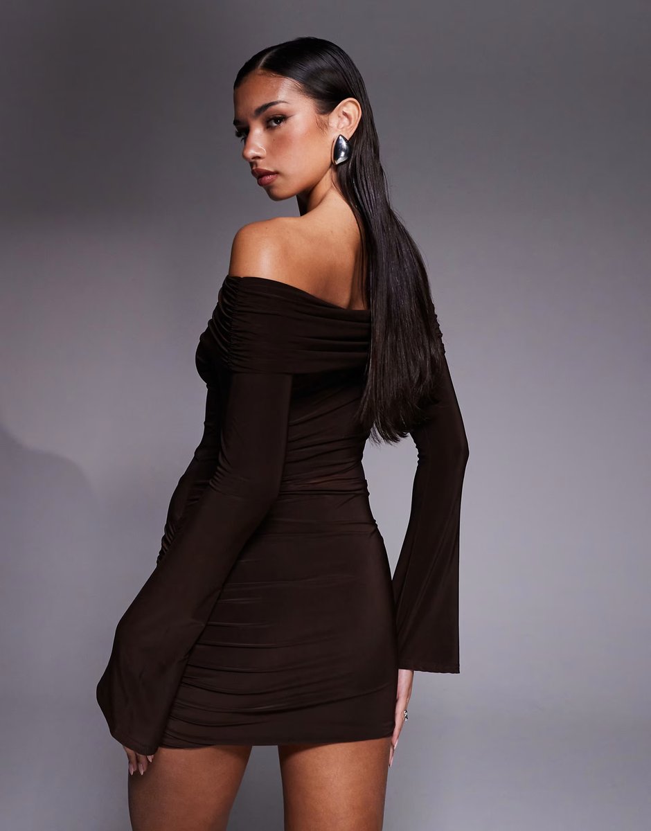 ASOS Kaiia exclusive slinky bardot flare sleeve mesh insert mini dress in chocolate - 4