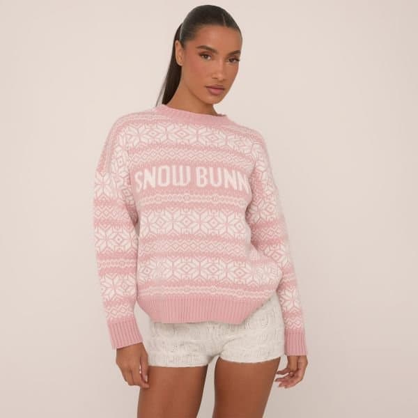 EGO Long Sleeve Snow Bunny Slogan Detail Oversized Christmas Jumper In Pink Fair Isle Knit, Women's Size UK Small S