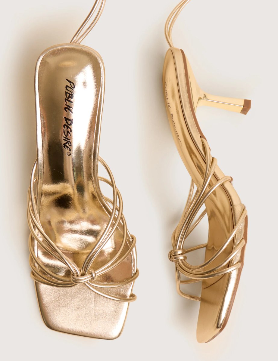 Public Desire Nora Gold Pu Lace Up Strappy Mid Heels - 4