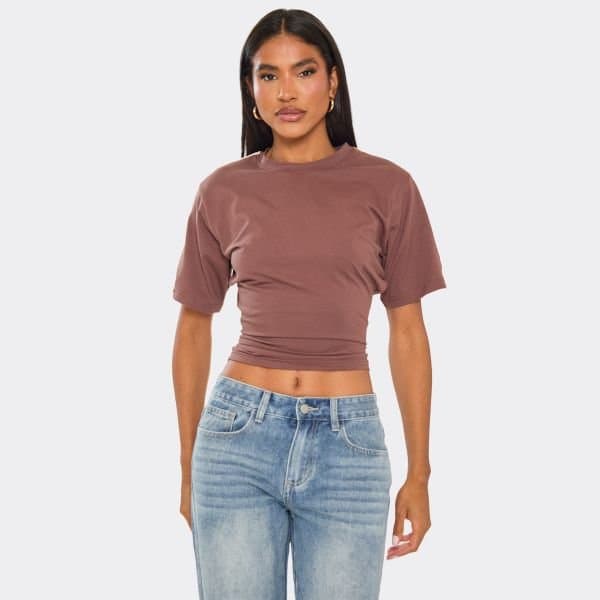 EGO Short Sleeve Cinched Waist Fitted Contrast Stripe Detail T-Shirt In Brown, Women's Size UK 6