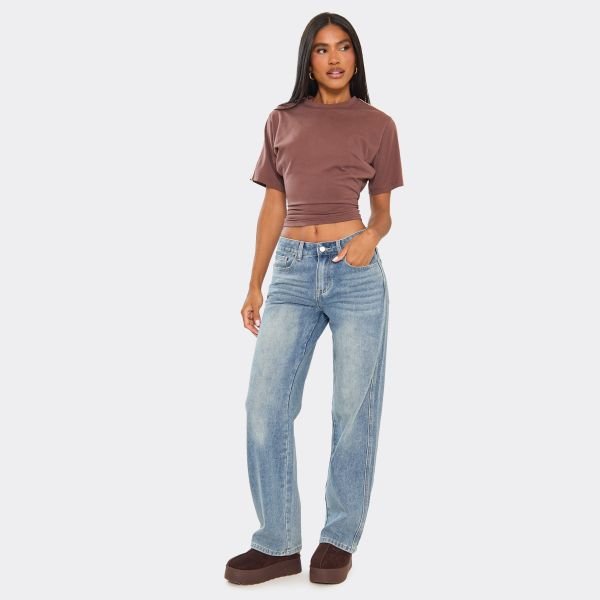 EGO Short Sleeve Cinched Waist Fitted Contrast Stripe Detail T-Shirt In Brown, Women's Size UK 6 - 2