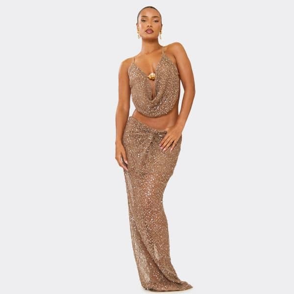 EGO Low Rise Ruched Detail Maxi Skirt In Brown Sequin Knit, Women's Size UK 6