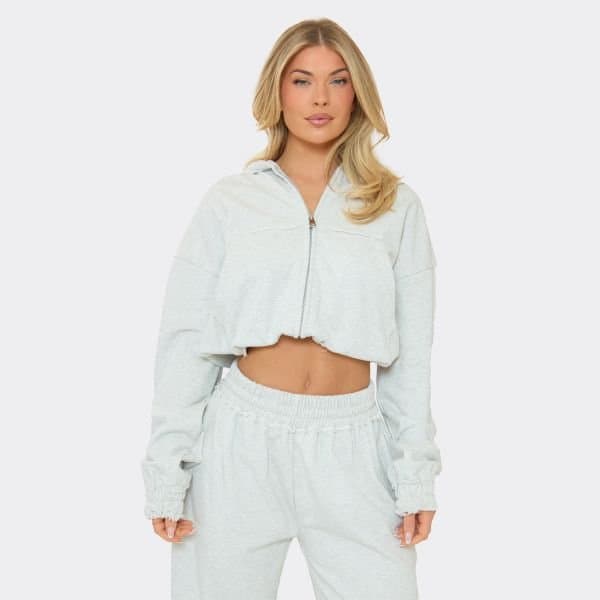 EGO Toggle Hem Distressed Detail Boxy Zip Up Hoodie In Light Grey Marl, Women's Size UK 6