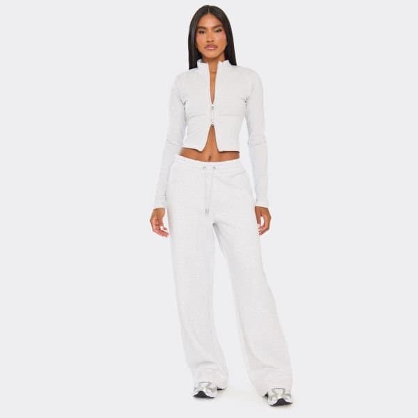 EGO Drawstring Low Rise Wide Leg Joggers In Light Grey Marl, Women's Size UK 6