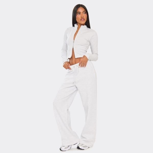 EGO Drawstring Low Rise Wide Leg Joggers In Light Grey Marl, Women's Size UK 6 - 2