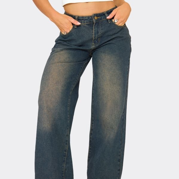 EGO Extreme Low Rise Wide Leg Jeans In Washed Dark Blue Denim, Women's Size UK 6 - 2