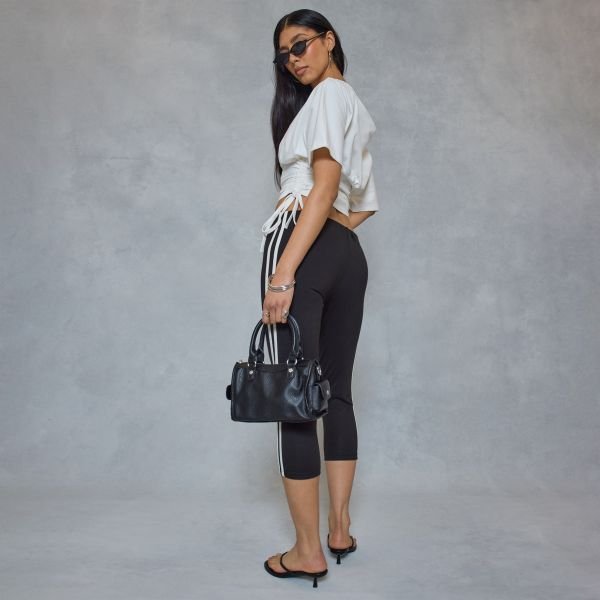 EGO Low Rise Contrast Side Stripe Capri Leggings In Black, Women's Size UK 6 - 2