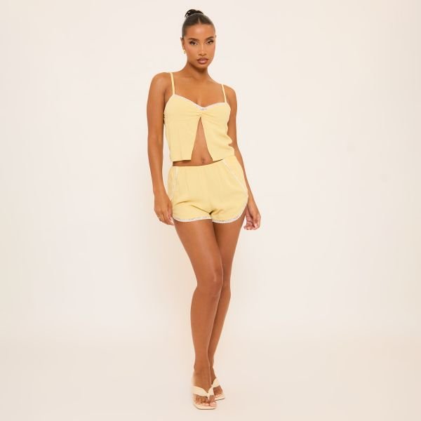 EGO Mid Rise Lace Trim Detail Mini Shorts In Yellow Linen, Women's Size UK 6 - 1