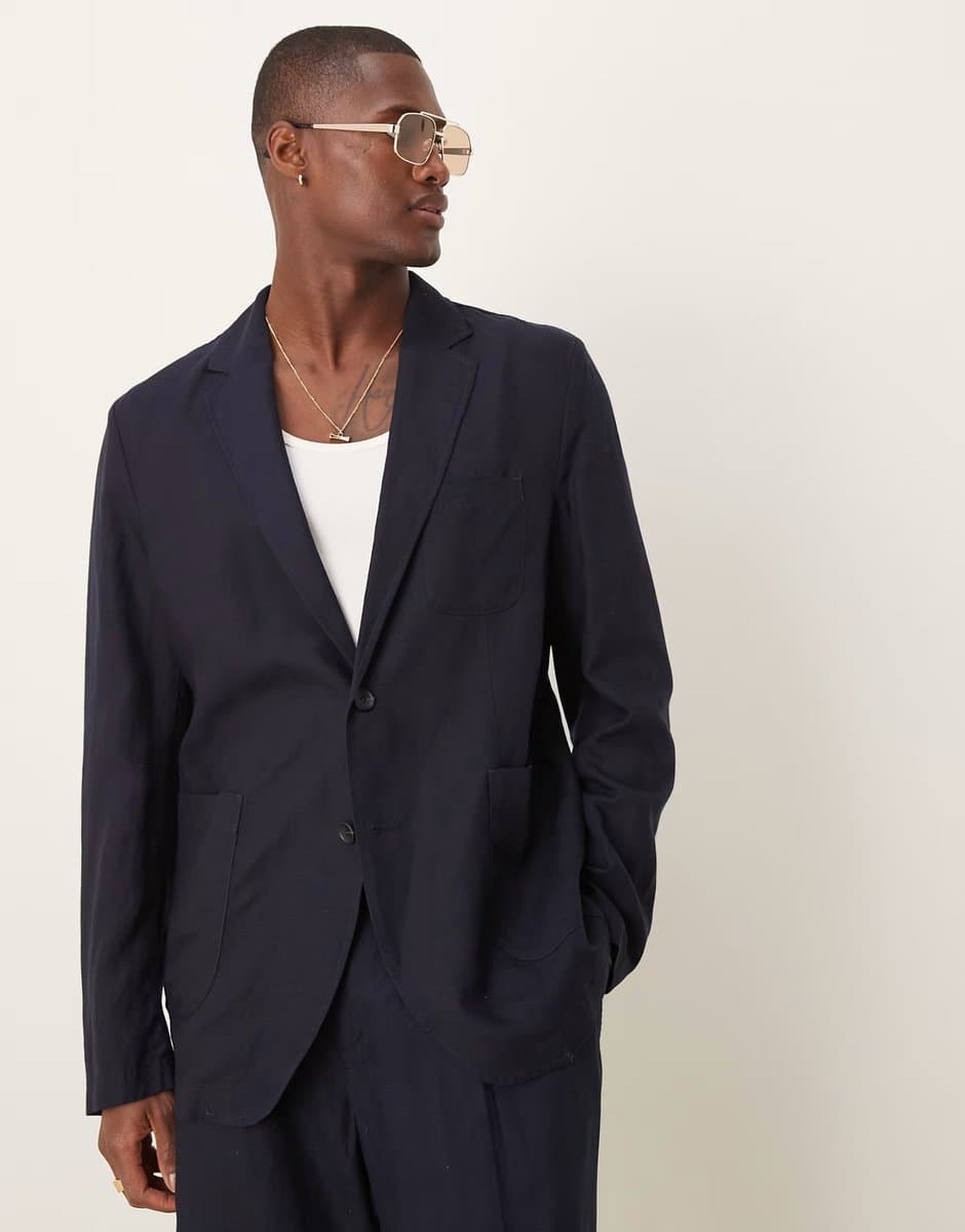 ASOS Mango linen mix slim fit blazer co-ord in navy