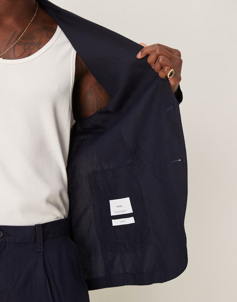 ASOS Mango linen mix slim fit blazer co-ord in navy - 3