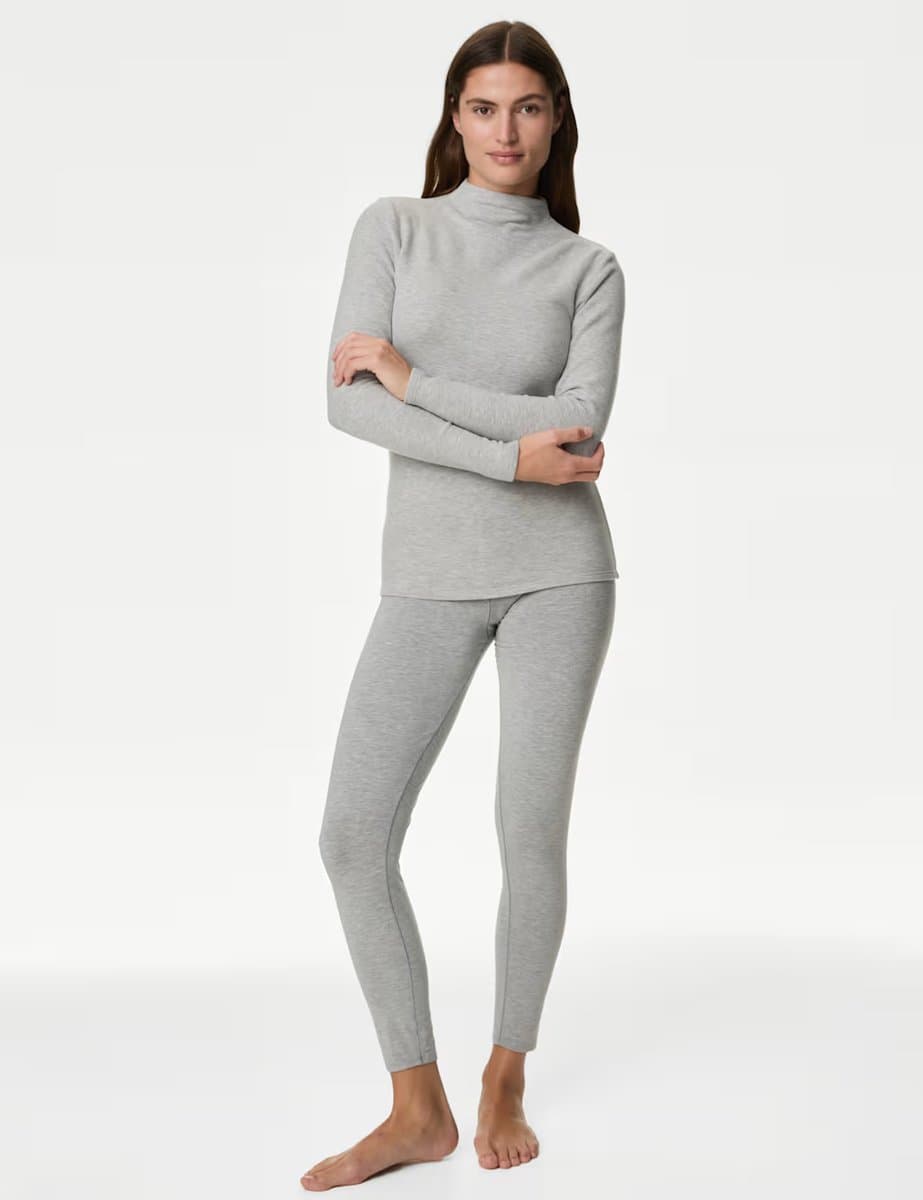 Marks & Spencer M&S Mock Neck Thermal Fleece Top in Grey Marl