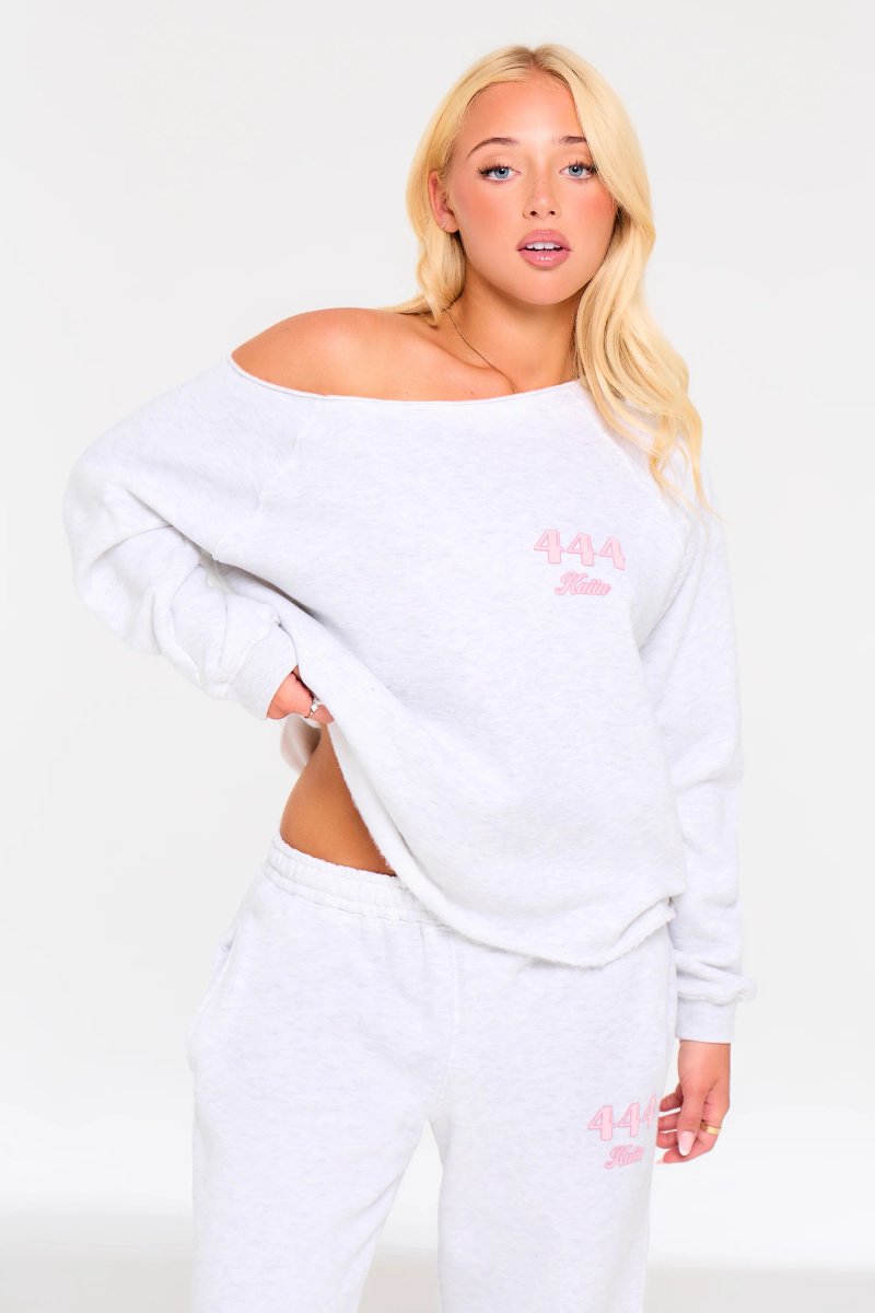 Kaiia Kaiia 444 Off the Shoulder Sweatshirt Light Grey Marl & Pink - 2