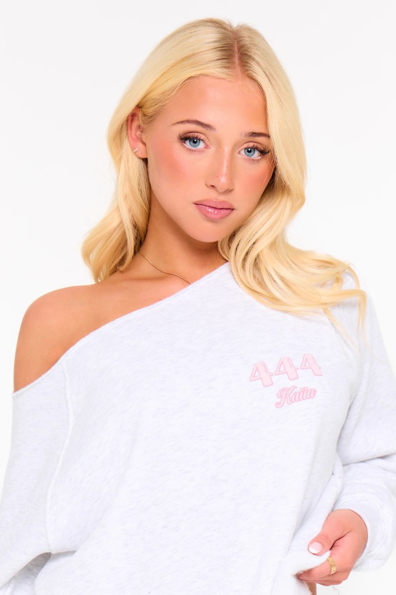 Kaiia Kaiia 444 Off the Shoulder Sweatshirt Light Grey Marl & Pink - 3